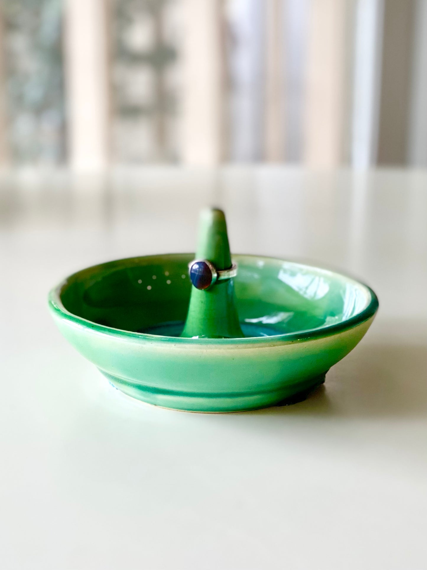 Ring Dish with a glossy green glaze and smooth center ring stem
