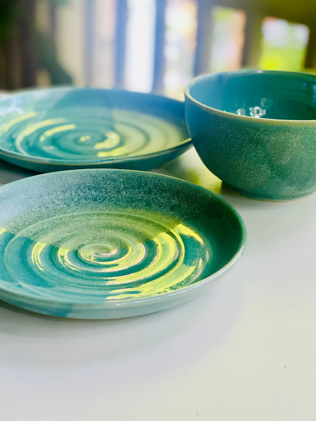 Breakfast, Lunch, and Dinner Set in Green and Blue, 3.5”x5.75” Bowl, 7.25” Plate, 8.5” Plate, no.50