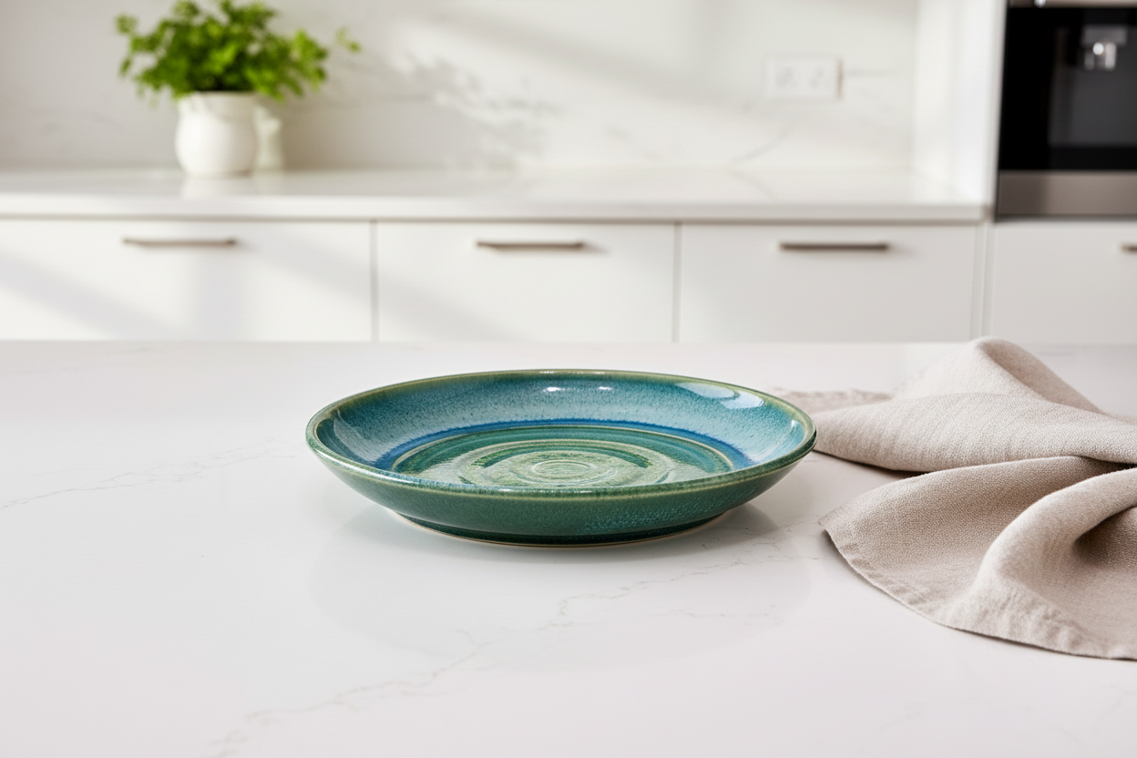 Blue and Green Plate, 7.5” no.45 (discounted slightly due to glaze imperfection on the underside, has been sanded smooth, normally $40)