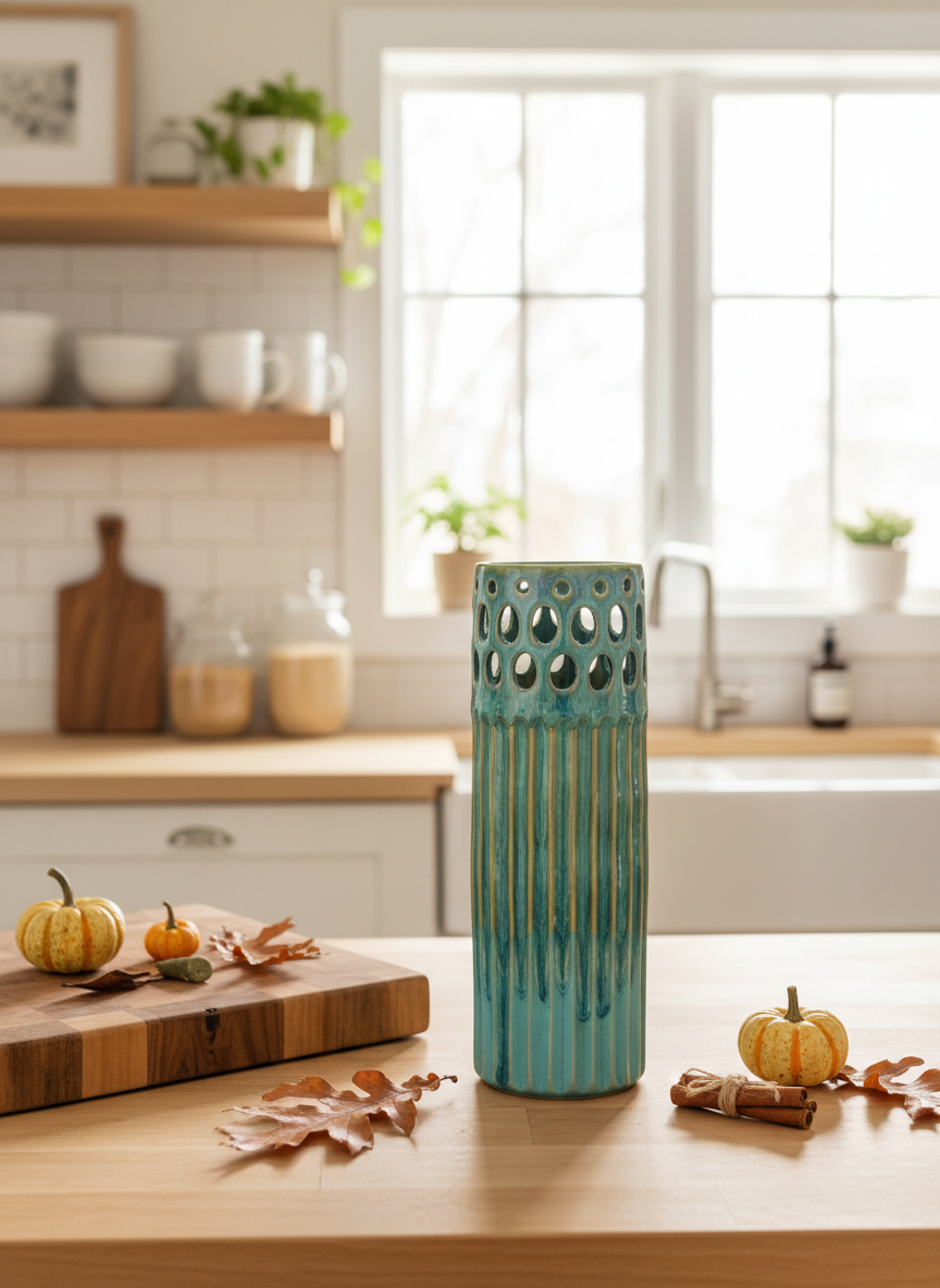 Blue and Green Vase, Pierced and Carved, 3”x10” no.17