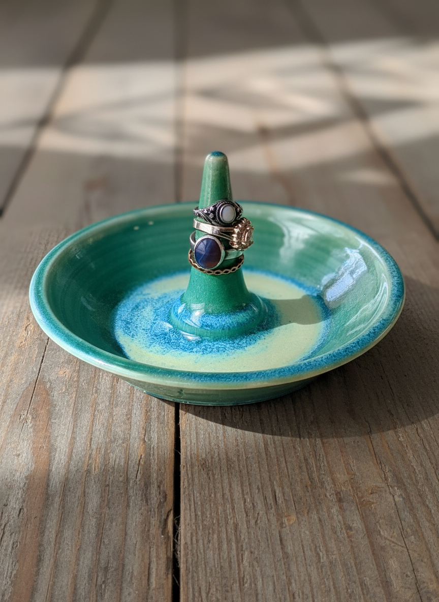 Green Jewelry Dish with Ring Stem, no.48 (Normally $32, discounted for glaze drip that’s been sanded smooth)