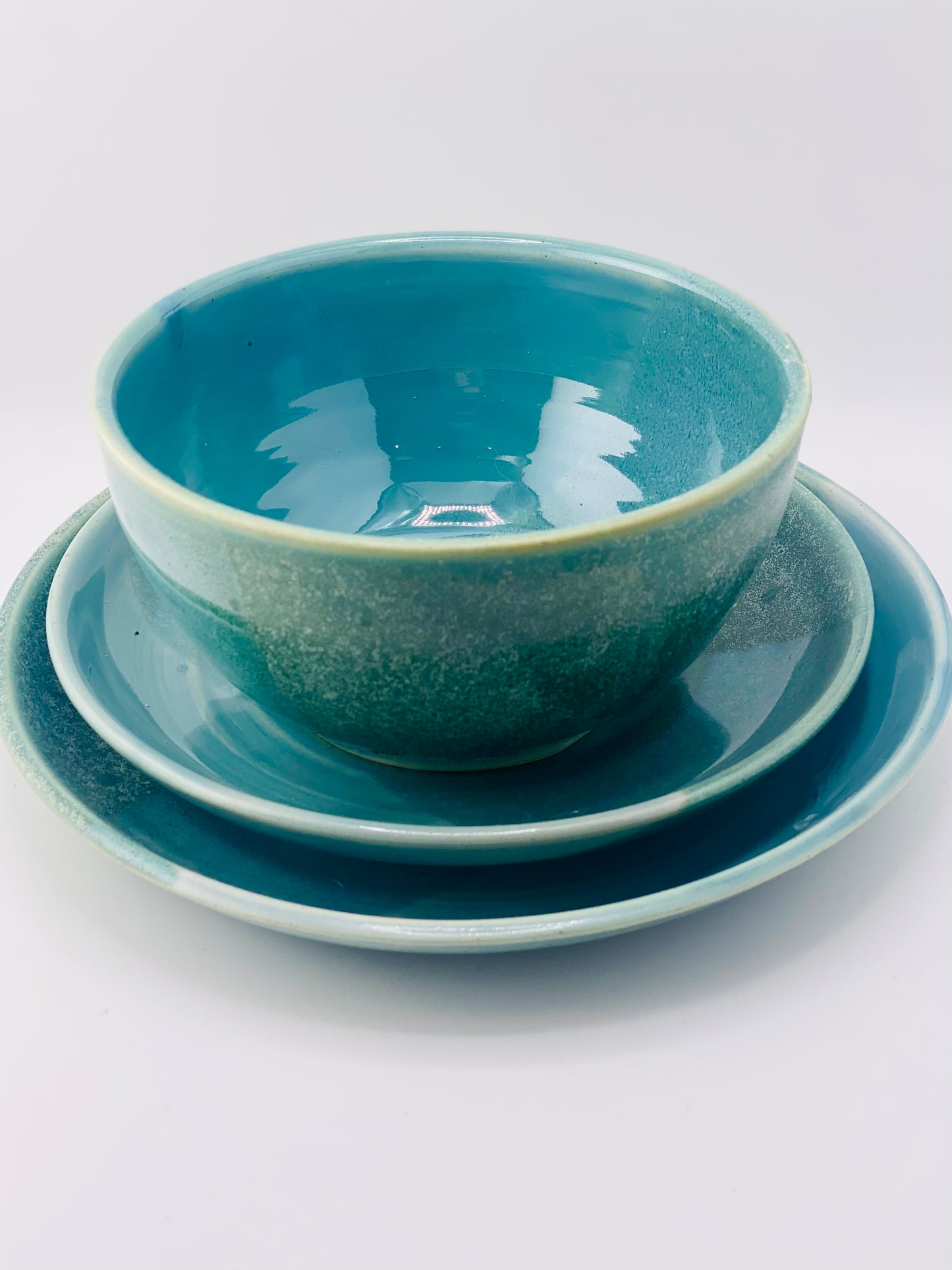 Breakfast, Lunch, and Dinner Set in Green and Blue, 3.5”x5.75” Bowl, 7.25” Plate, 8.5” Plate, no.50