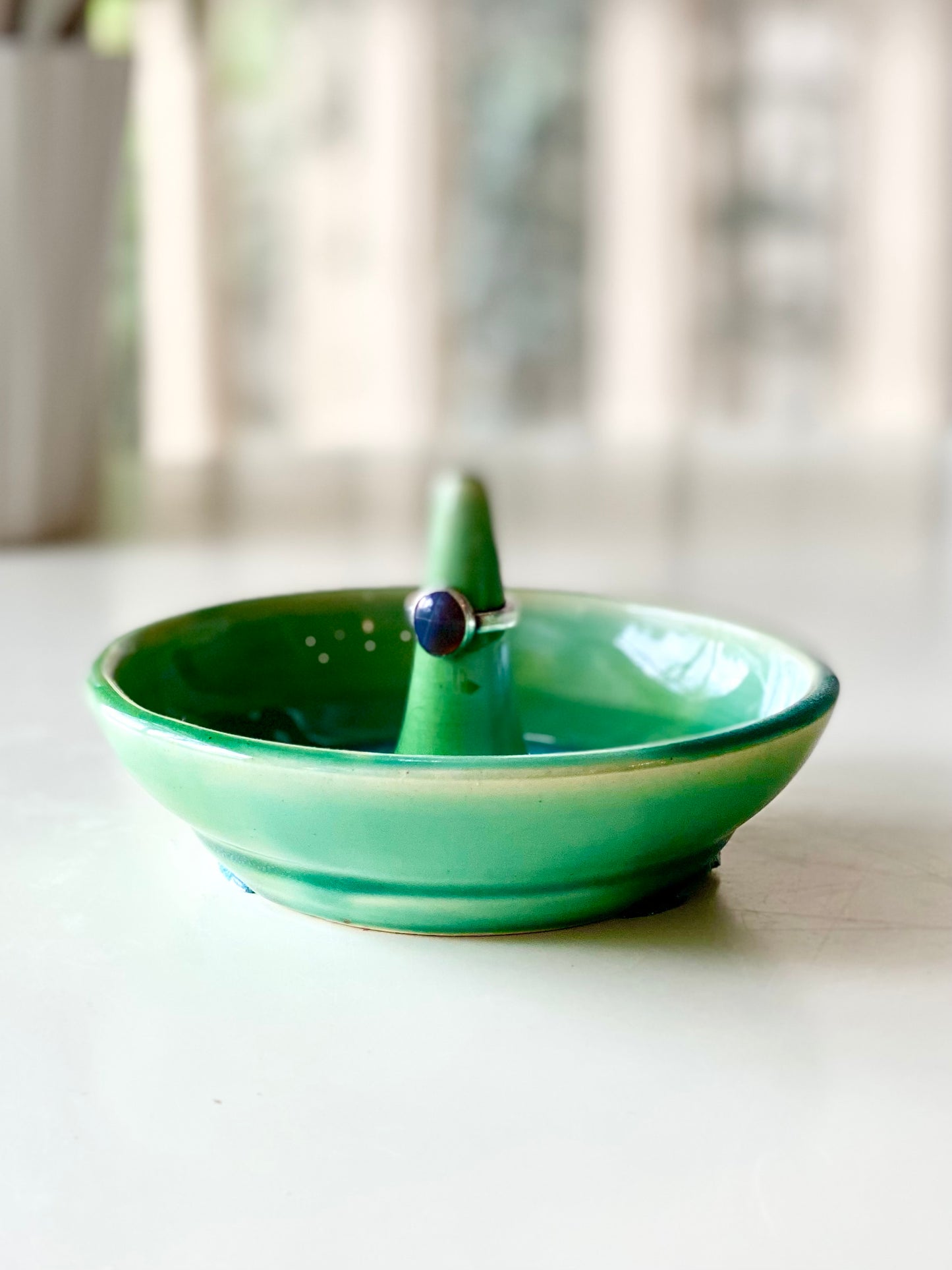 Ring Dish with a glossy green glaze and smooth center ring stem