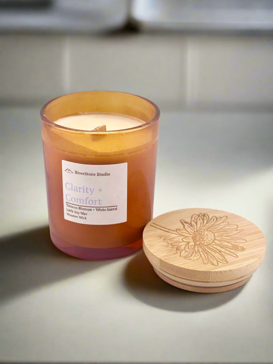 Candle, Clarity + Comfort Candle – Tobacco Blossom + White Santal | Wooden Wick Candle