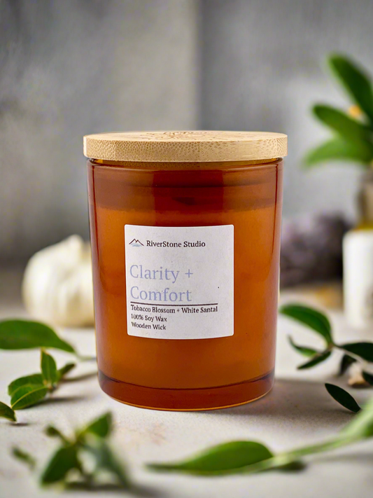 Candle, Clarity + Comfort Candle – Tobacco Blossom + White Santal | Wooden Wick Candle