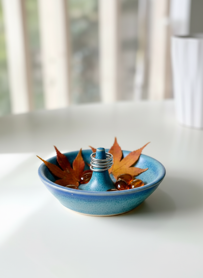 Ring Dish with a speckled ocean-blue glaze and a smooth center ring stem