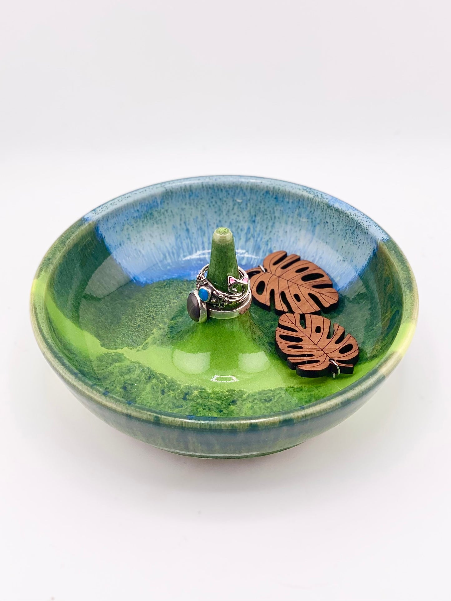 Blue and Green Ring Dish, 2.5”x5” no.26 (discounted slightly due to glaze drips that have been ground smooth, normally $38)