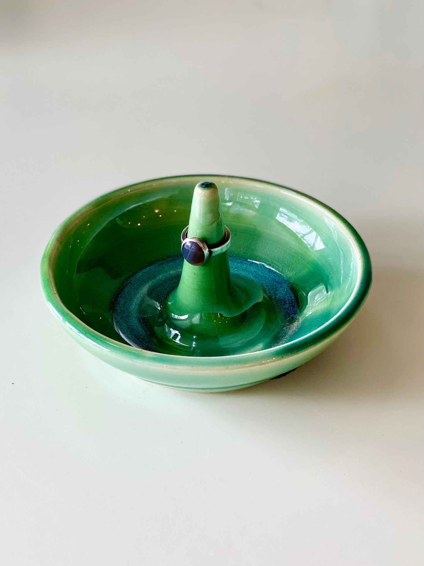 Ring Dish with a glossy green glaze and smooth center ring stem