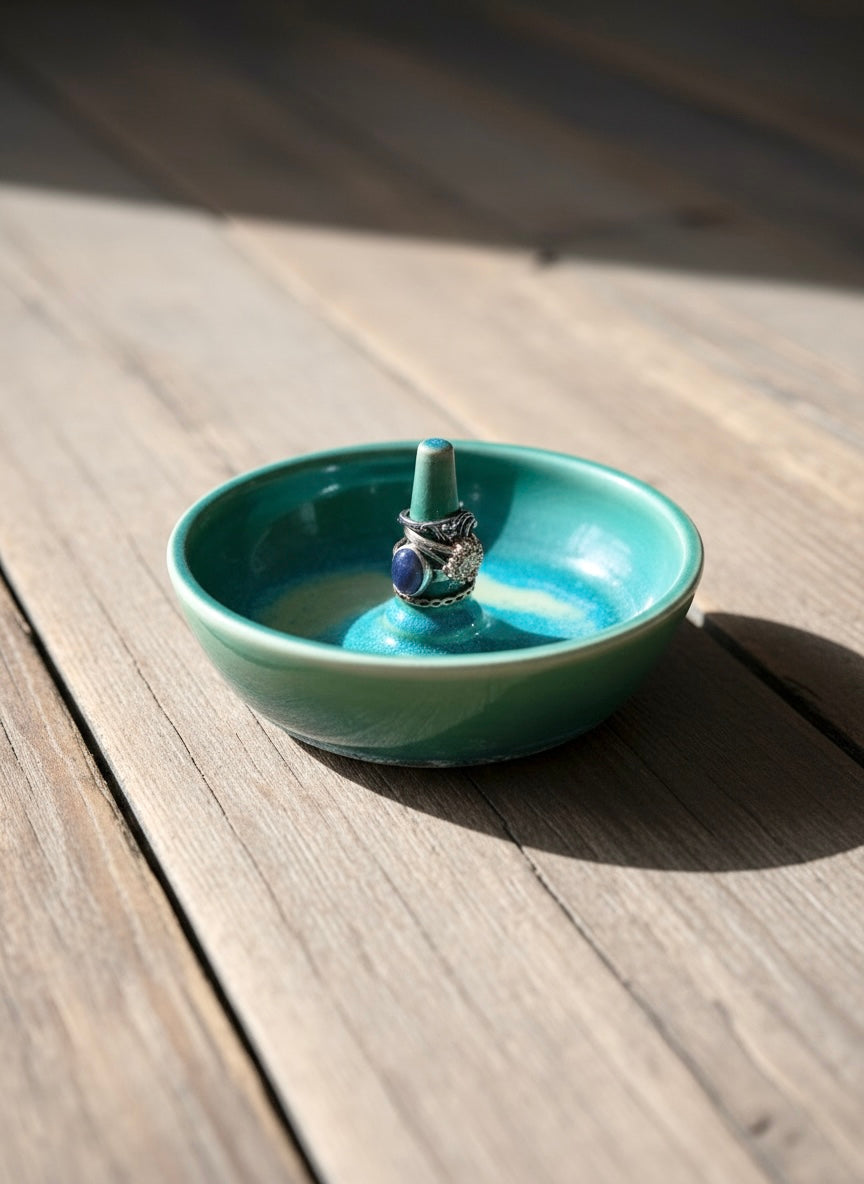 Green Jewelry Dish with Ring Stem, no.48 (Normally $32, discounted for glaze drip that’s been sanded smooth)