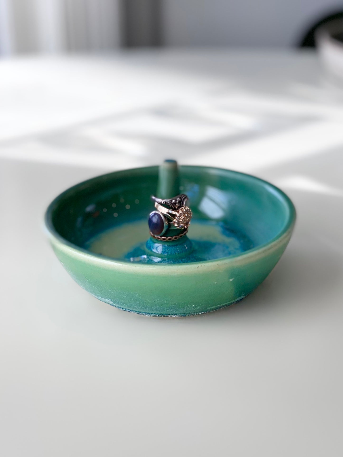 Green Jewelry Dish with Ring Stem, no.48 (Normally $32, discounted for glaze drip that’s been sanded smooth)