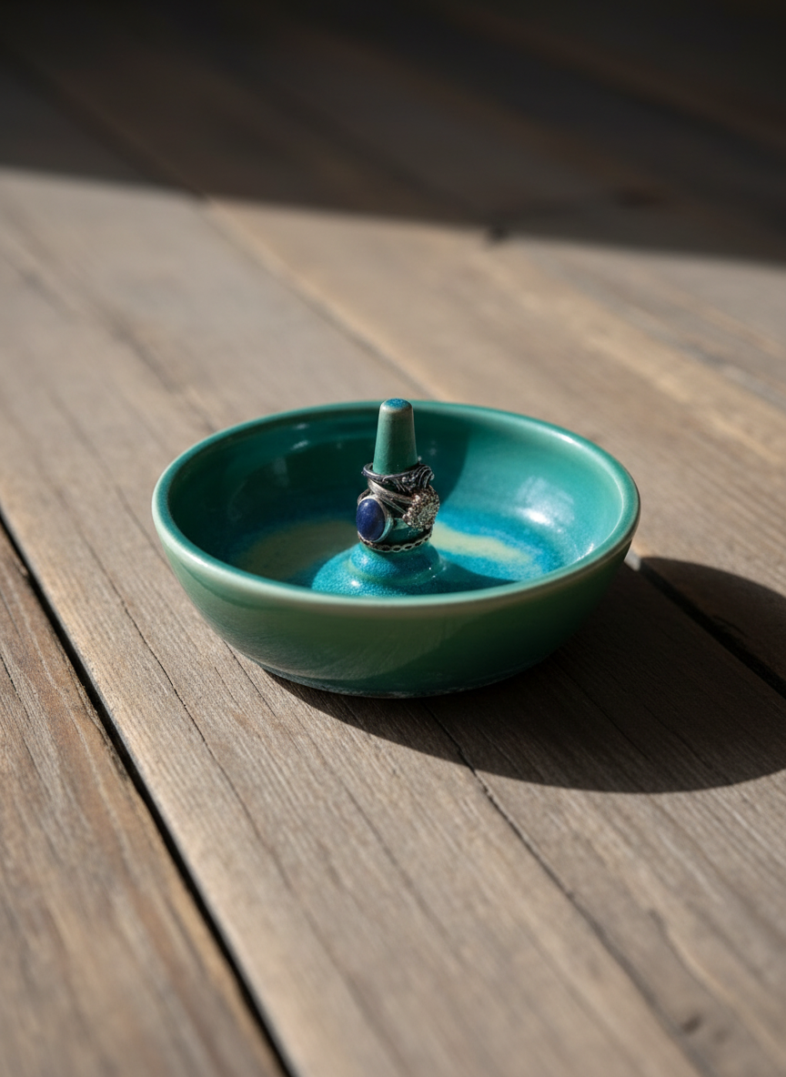 Green Jewelry Dish with Ring Stem, no.48 (Normally $32, discounted for glaze drip that’s been sanded smooth)