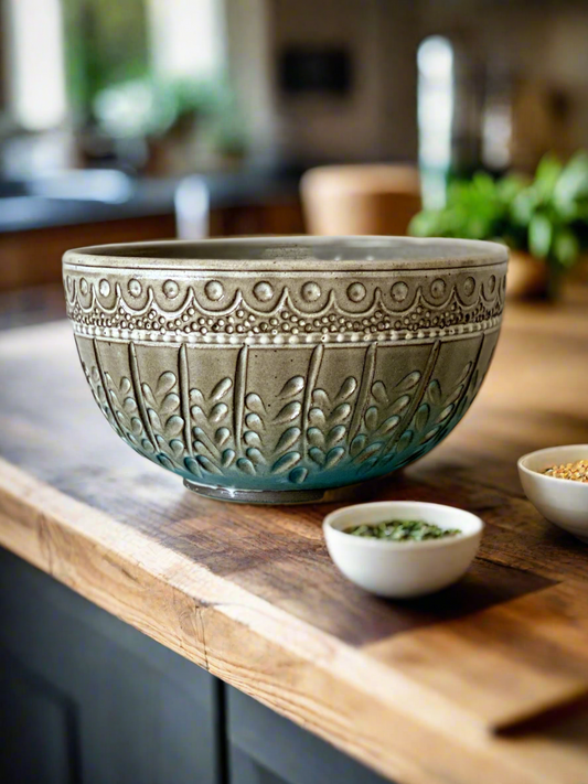 Pre-Order, Serving Bowl with Carved Leaf Design and Warm White Glaze – Pre-Order, 8”w x 4.5”h