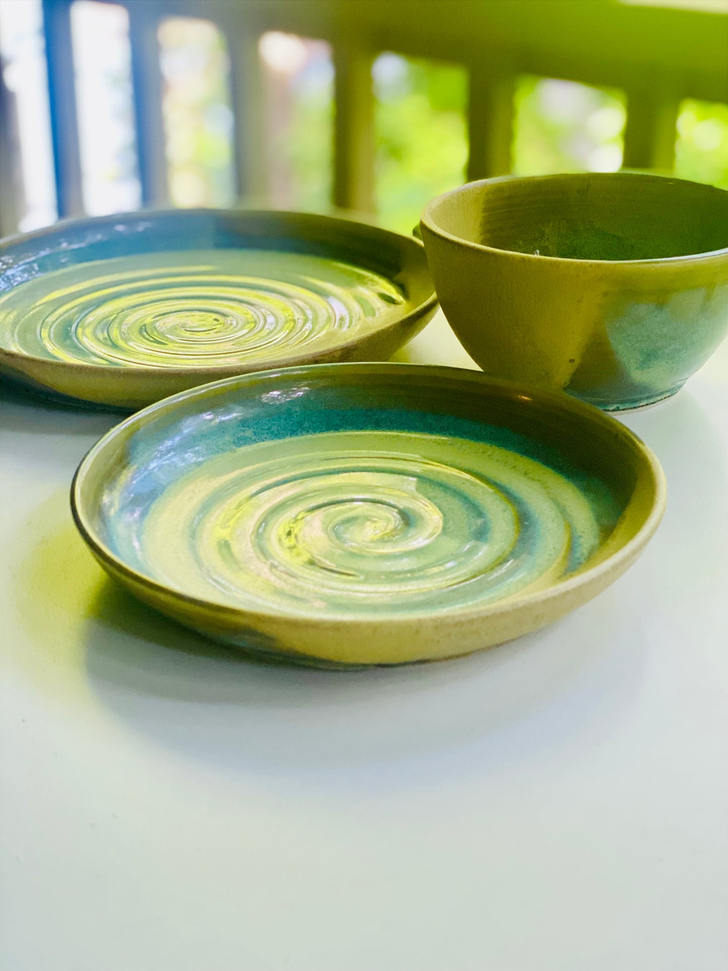 Breakfast, Lunch, and Dinner Set in Green and Oatmeal, 3”x5.5” Bowl, 7” Plate, 9” Plate, no.49…Second due to glaze drips that were ground down and a couple pinholes, normally $95
