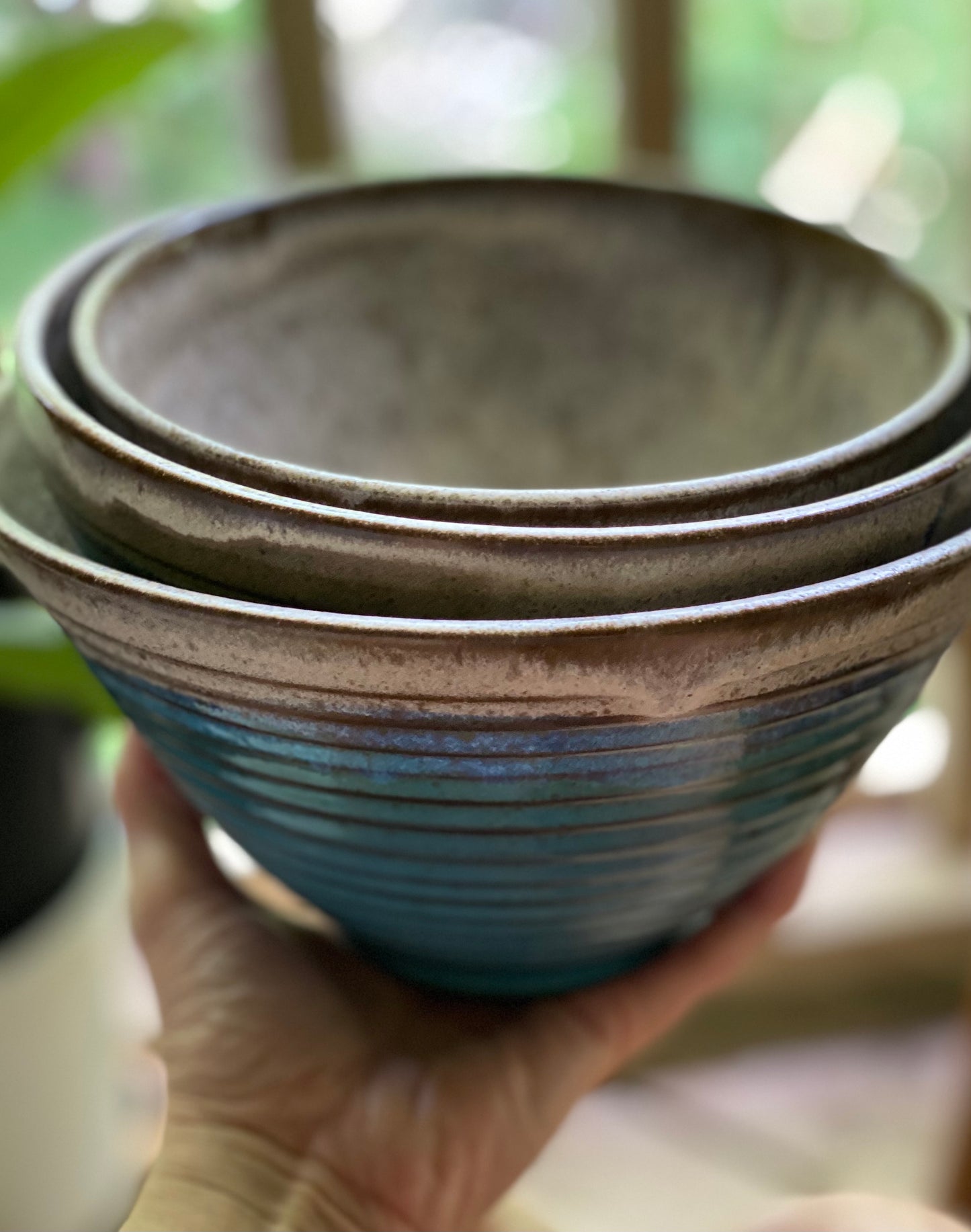 Set of 3 Nesting Bowls in Blue and Cream, L 5”x8.25”, M 4.75”x7.25”, S 4”x6.5”