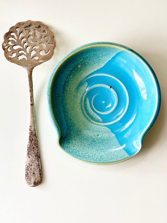 Spoon Rest with a glossy blue and green glaze, 5.25”