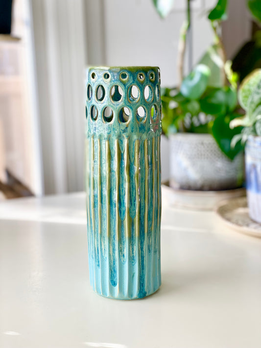 Blue and Green Vase, Pierced and Carved, 3”x10” no.17