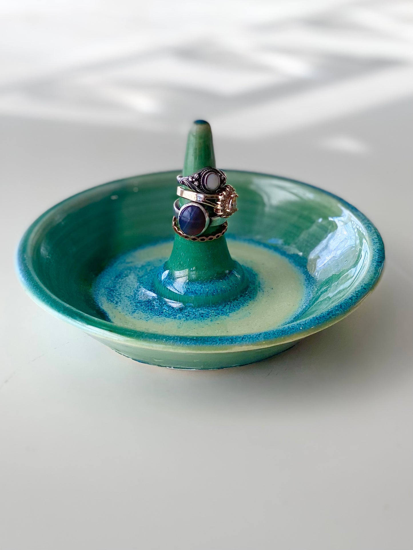 Green Jewelry Dish with Ring Stem, no.48 (Normally $32, discounted for glaze drip that’s been sanded smooth)