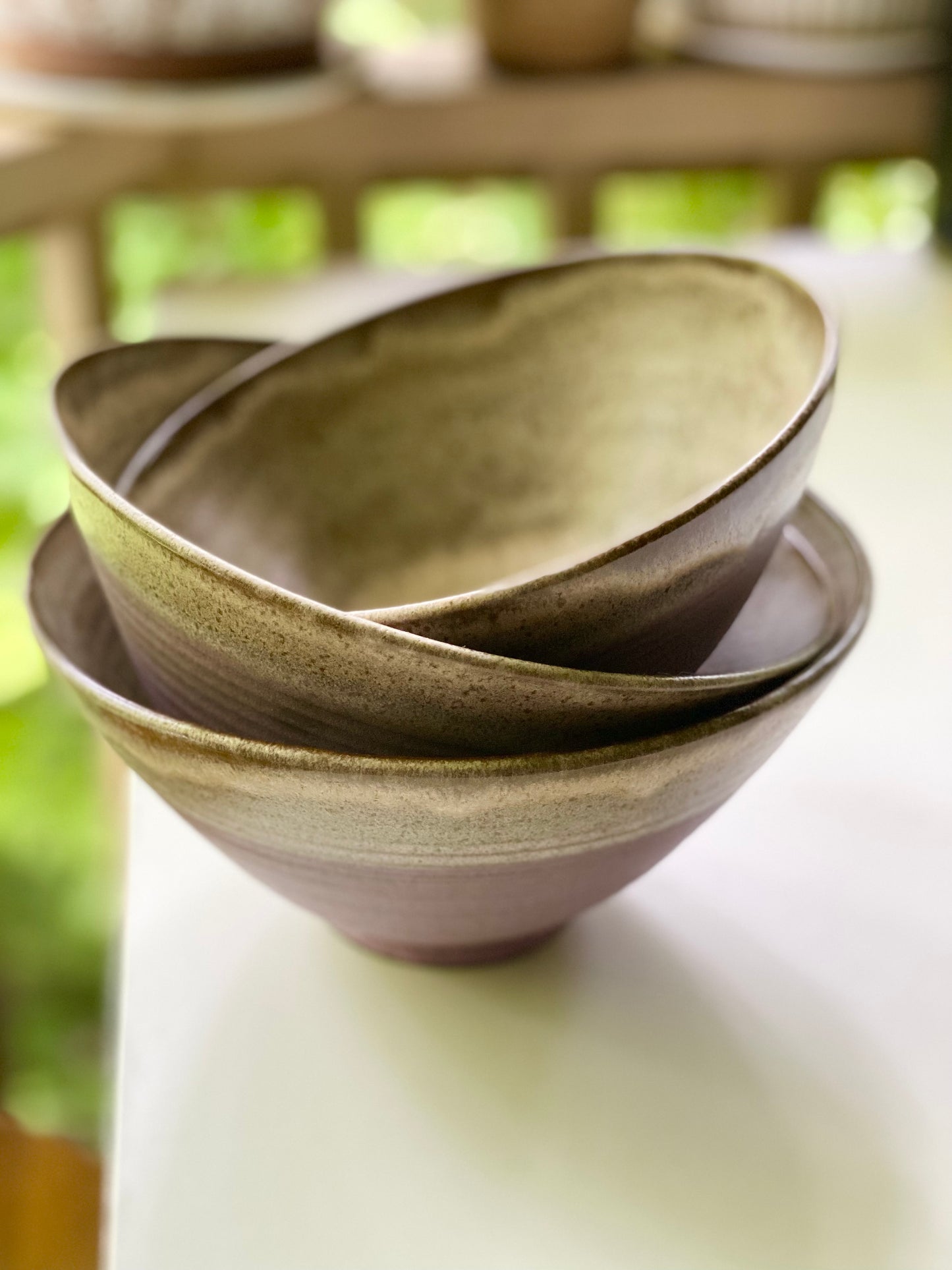 Set of 3 Nesting Bowls in Pink Sierra and Cream, L 5”x8.75”, M 4.5”x8.25”, S 4.25”x7.5”