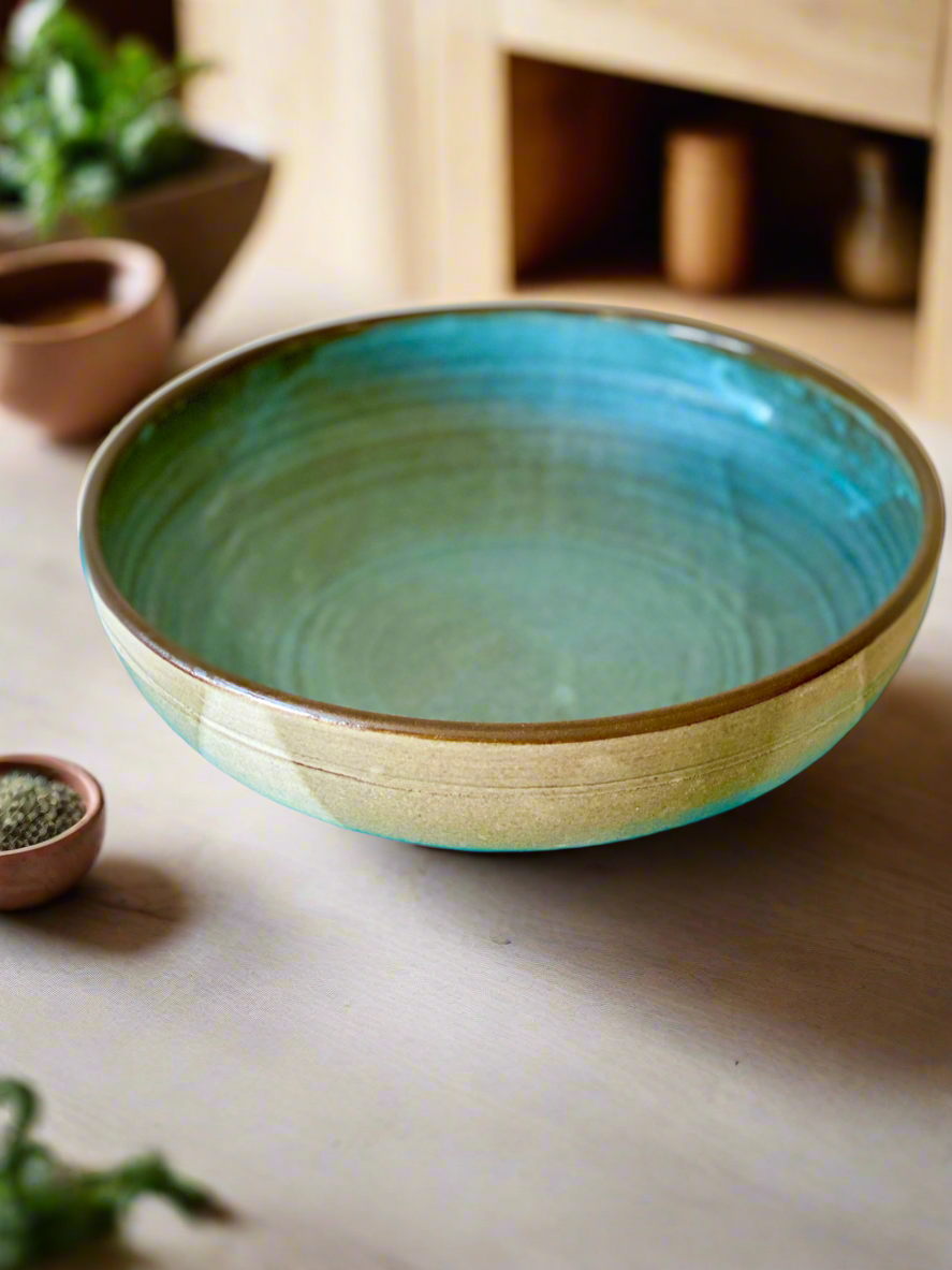 Large Low Wide Serving Bowl – Blue Satin Interior with Warm Gray and White Exterior, 10”w x 3.25”h