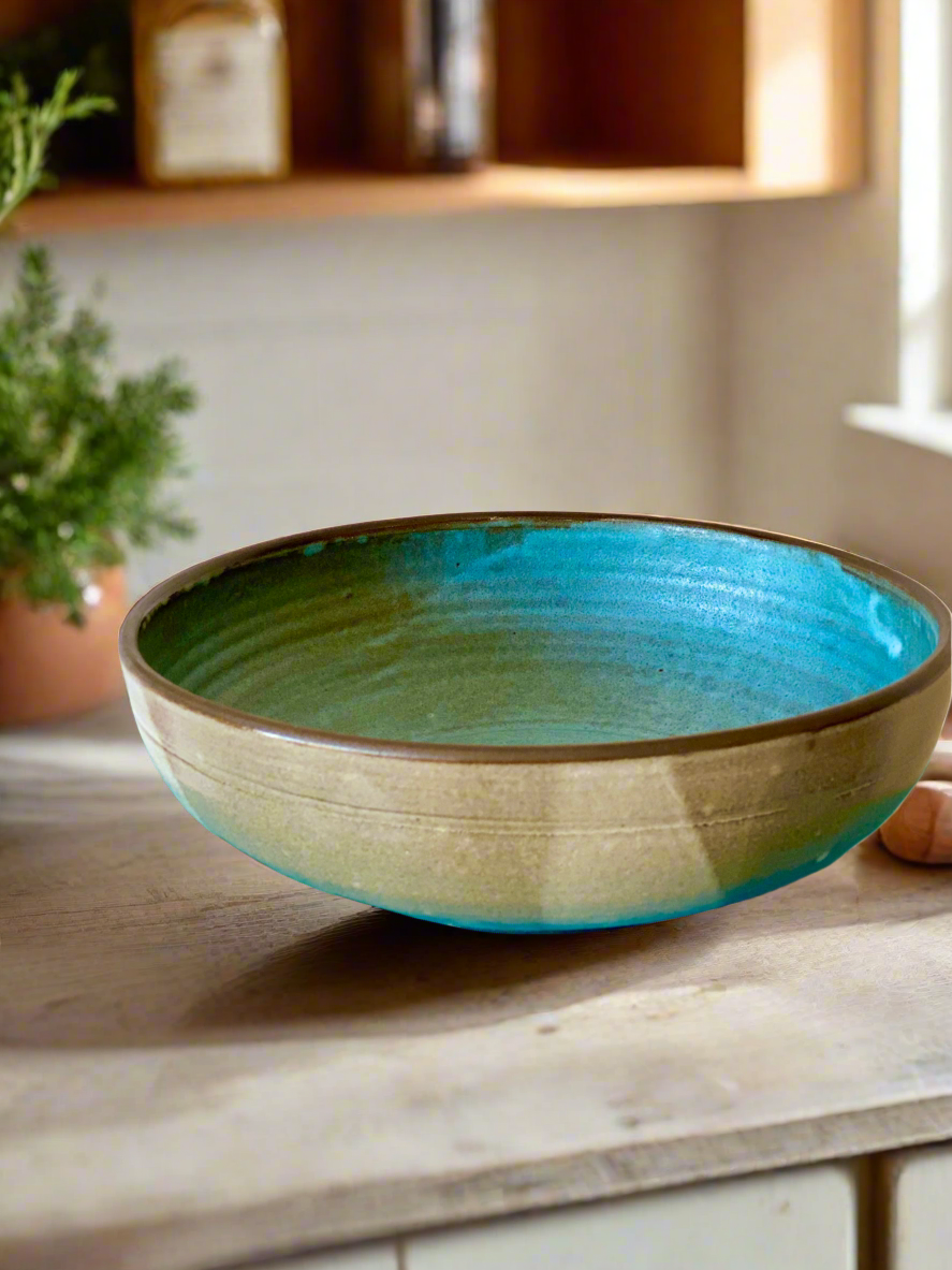 Large Low Wide Serving Bowl – Blue Satin Interior with Warm Gray and White Exterior, 10”w x 3.25”h