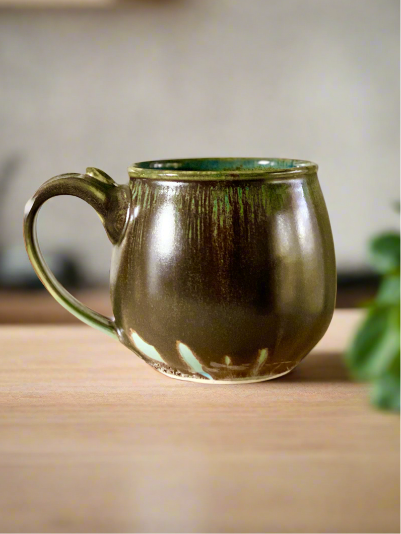 Handcrafted 16oz Round Profile Mug - Black, Green & Blue Glaze with Pulled Handle