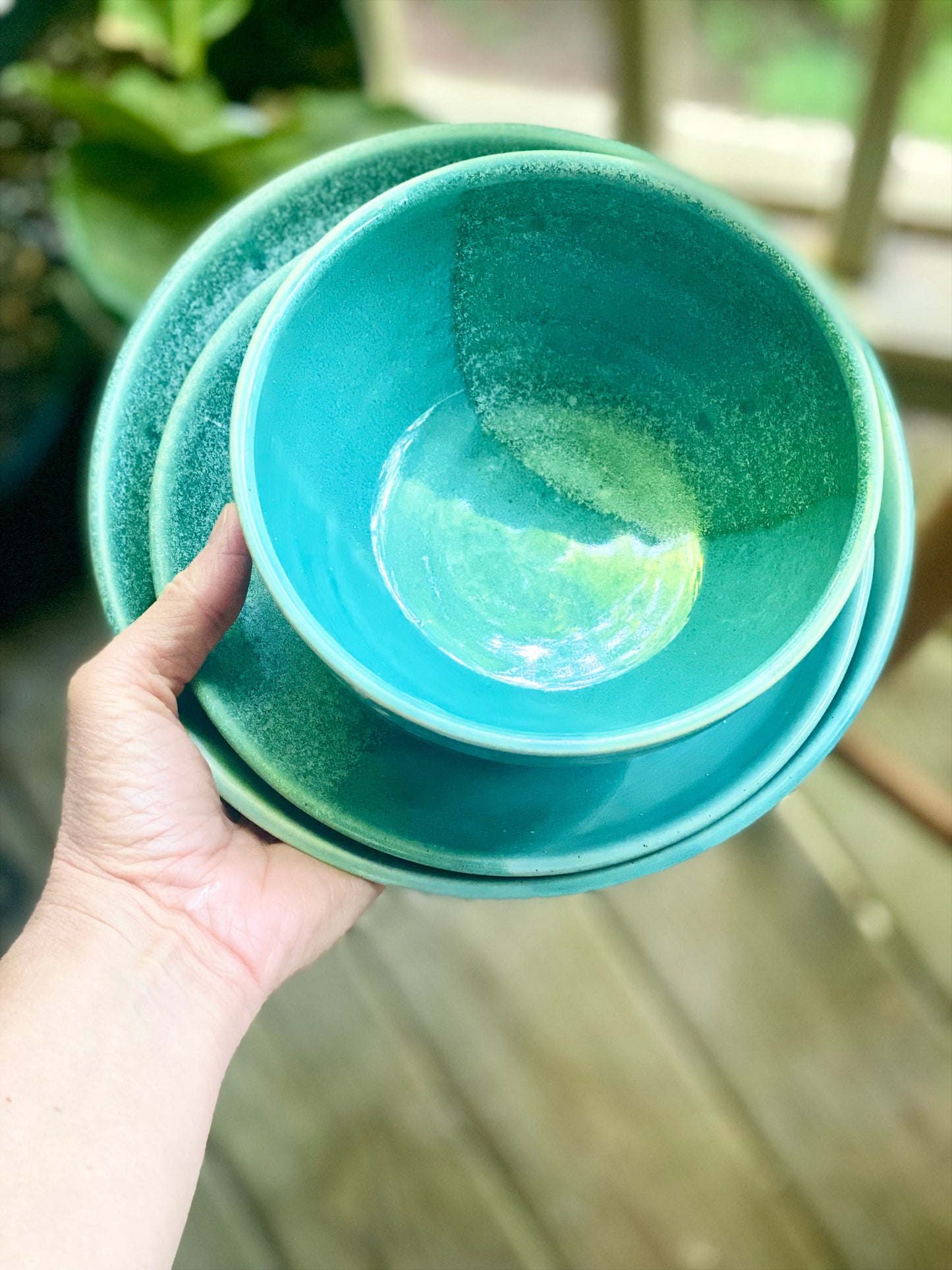 Breakfast, Lunch, and Dinner Set in Green and Blue, 3.5”x5.75” Bowl, 7.25” Plate, 8.5” Plate, no.50