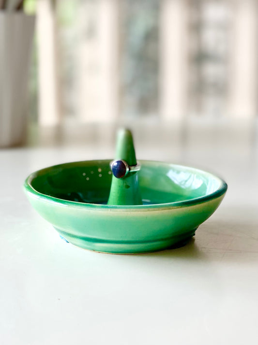 Ring Dish with a glossy green glaze and smooth center ring stem