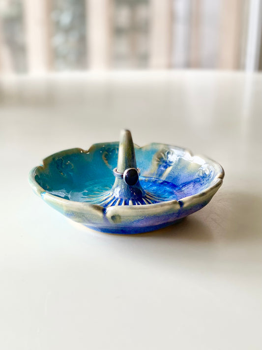 Ring Dish with a glossy purple and blue glaze and smooth center ring stem