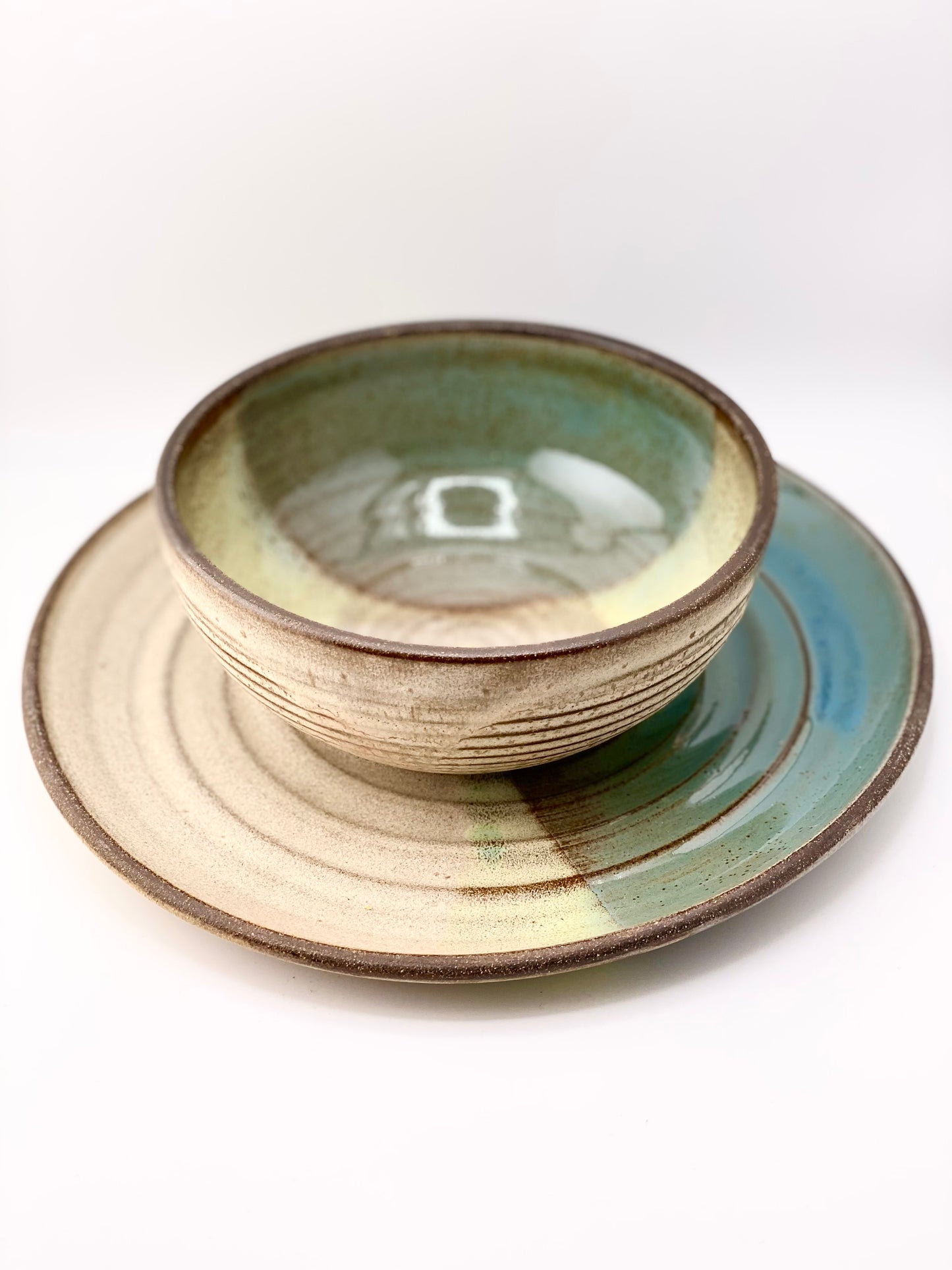 Soup and Sandwich Set in Green and Oatmeal, 3.25”x6.5” Bowl, 10” Plate, no.48