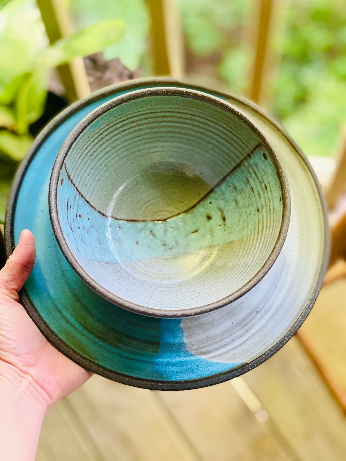 Soup and Sandwich Set in Blue and Oatmeal, 3.5”x6.5” Bowl, 9.5” Plate, no.47
