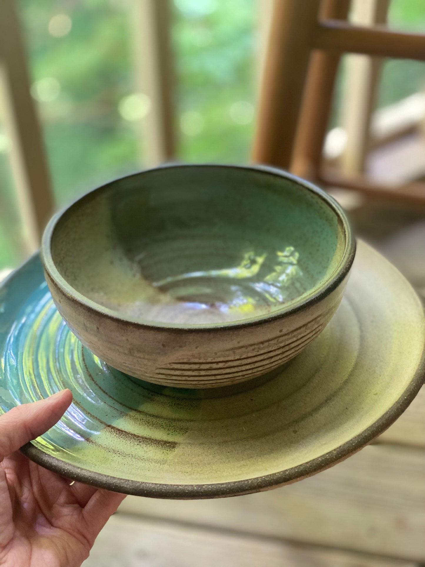 Soup and Sandwich Set in Green and Oatmeal, 3.25”x6.5” Bowl, 10” Plate, no.48