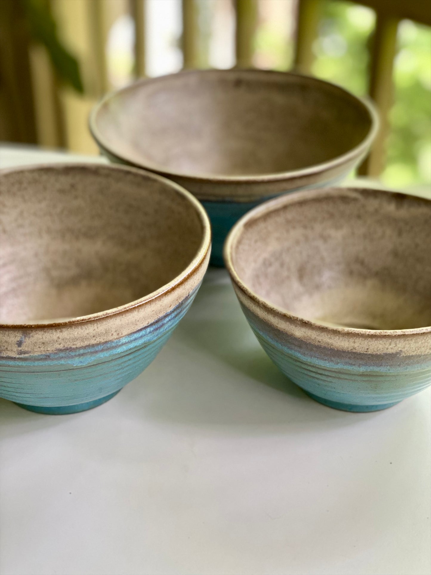 Set of 3 Nesting Bowls in Blue and Cream, L 5”x8.25”, M 4.75”x7.25”, S 4”x6.5”