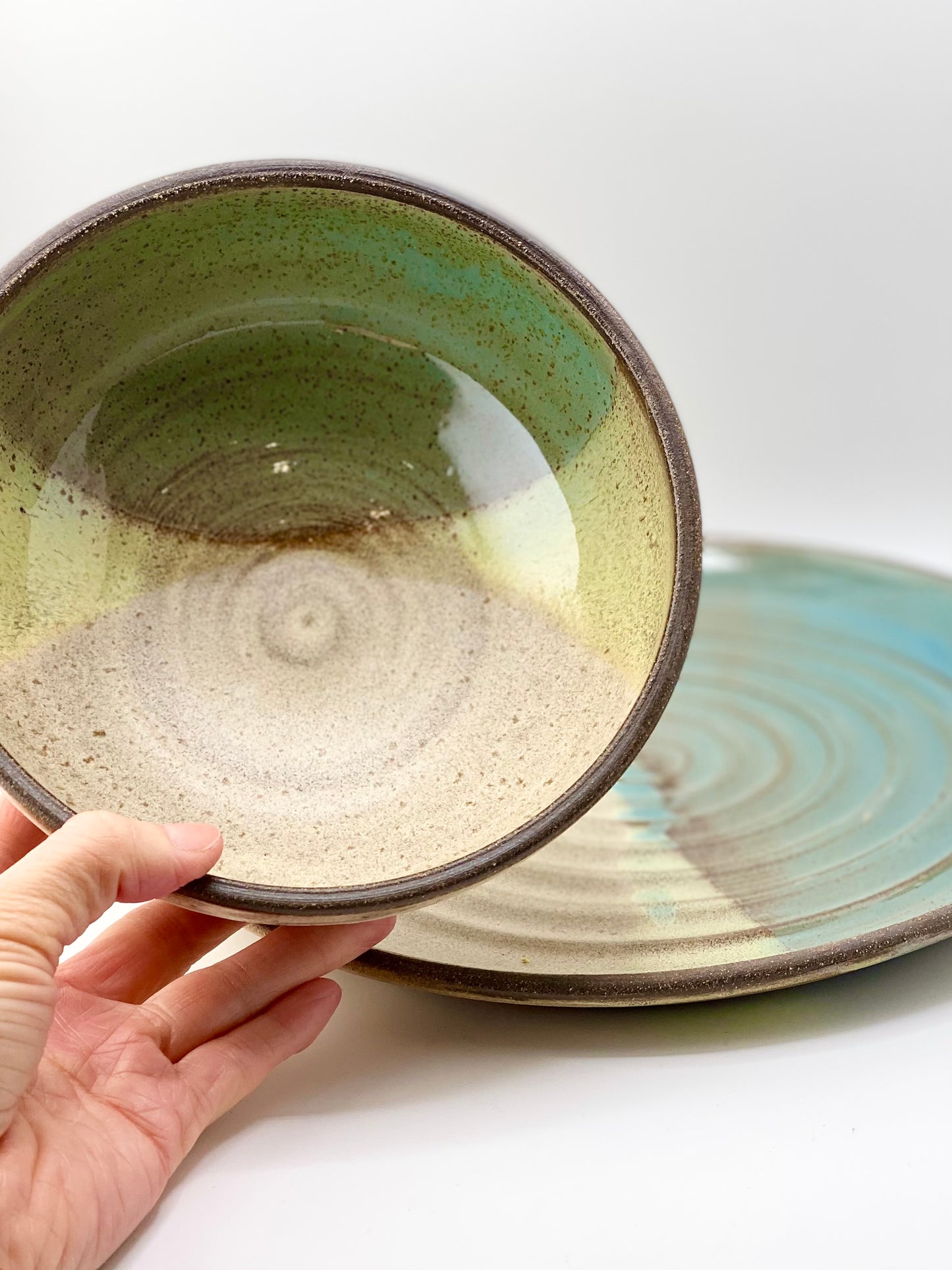 Soup and Sandwich Set in Green and Oatmeal, 3.25”x6.5” Bowl, 10” Plate, no.48