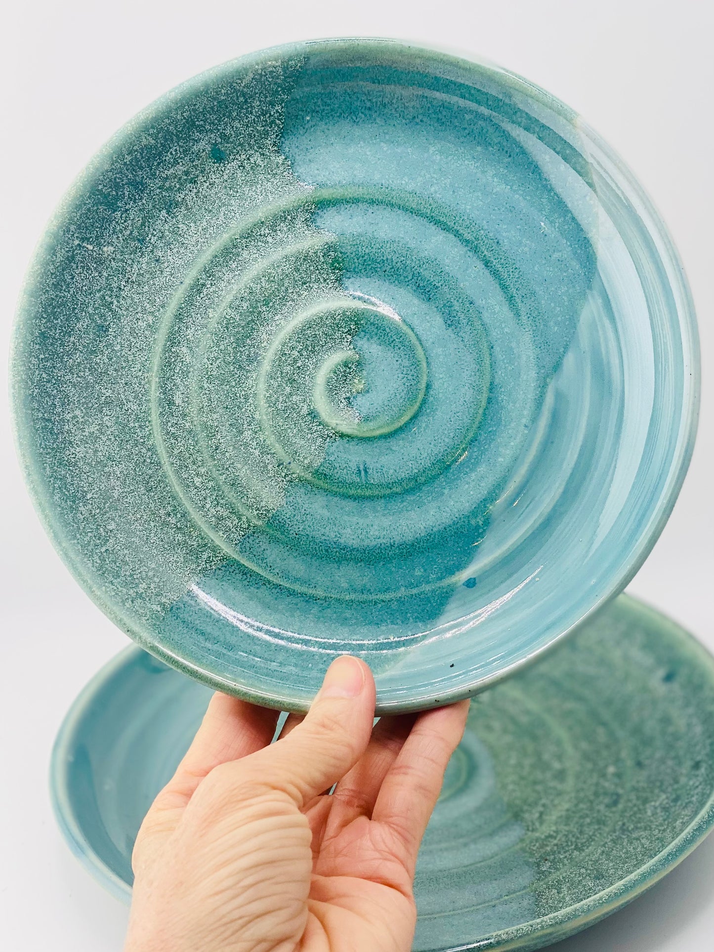 Breakfast, Lunch, and Dinner Set in Green and Blue, 3.5”x5.75” Bowl, 7.25” Plate, 8.5” Plate, no.50