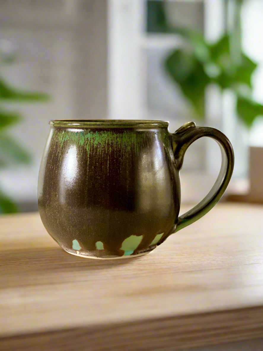 Handcrafted 16oz Round Profile Mug - Black, Green & Blue Glaze with Pulled Handle