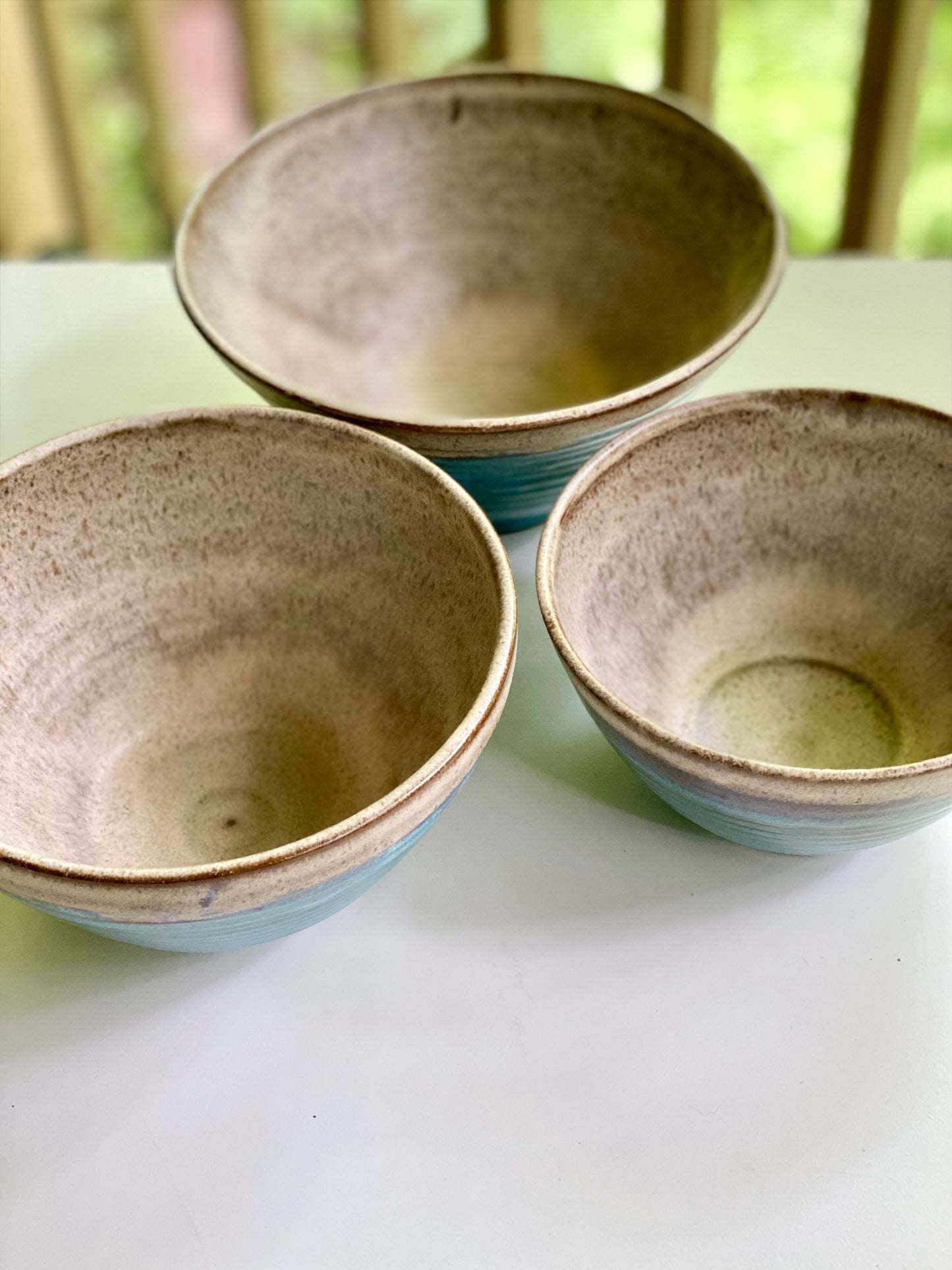 Set of 3 Nesting Bowls in Blue and Cream, L 5”x8.25”, M 4.75”x7.25”, S 4”x6.5”