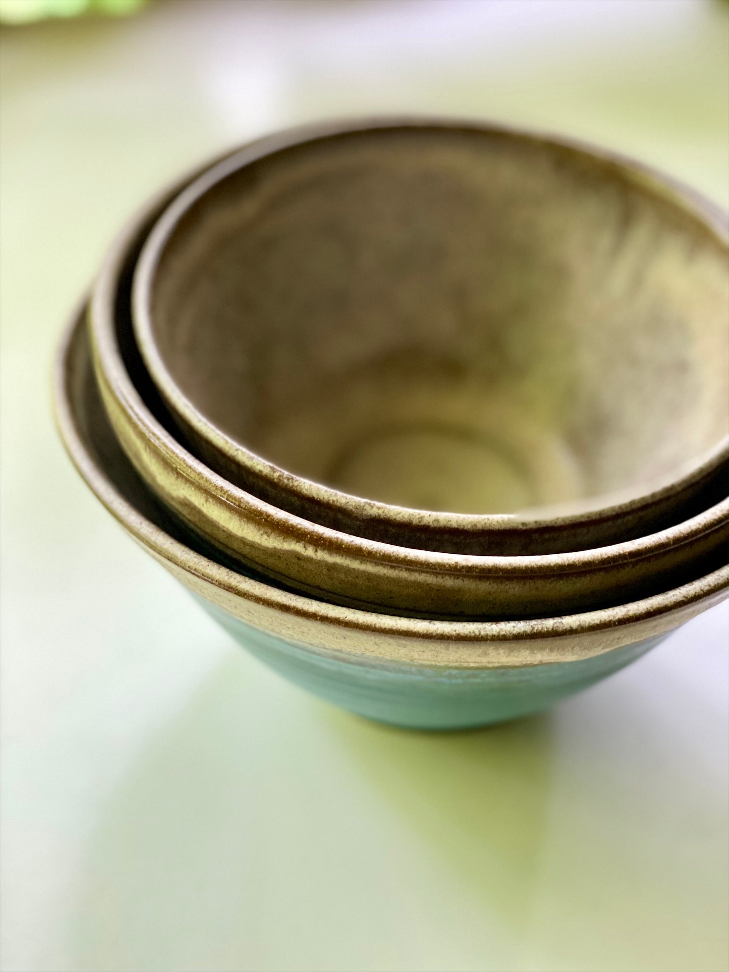 Set of 3 Nesting Bowls in Blue and Cream, L 5”x8.25”, M 4.75”x7.25”, S 4”x6.5”