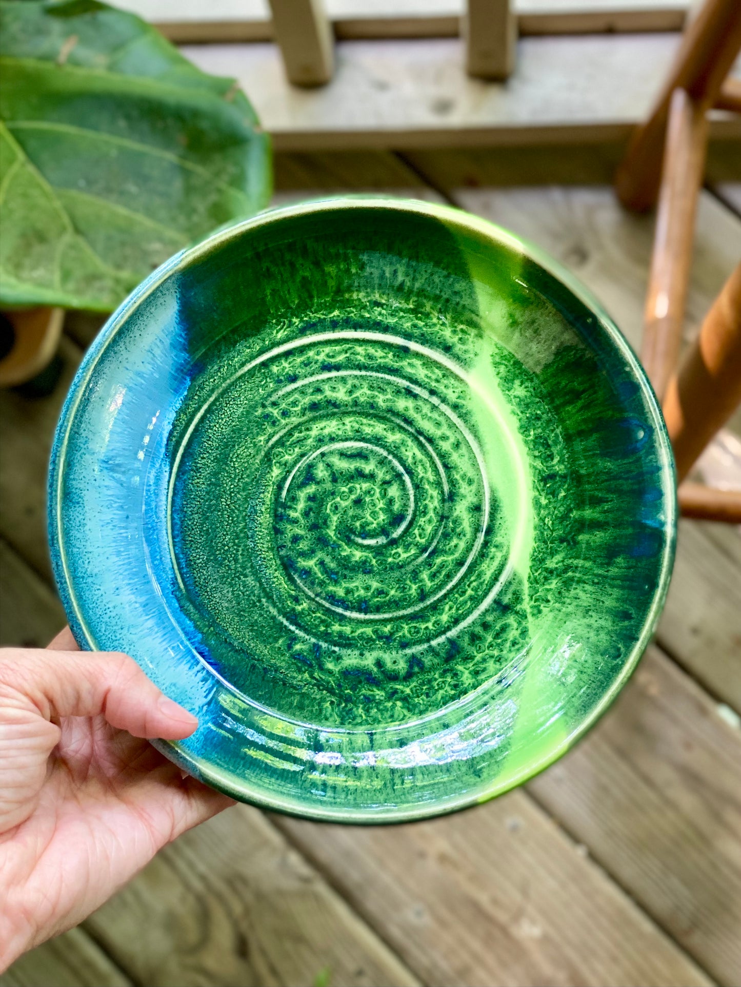 Blue and Green Plate, 7.5” no.45 (discounted slightly due to glaze imperfection on the underside, has been sanded smooth, normally $40)