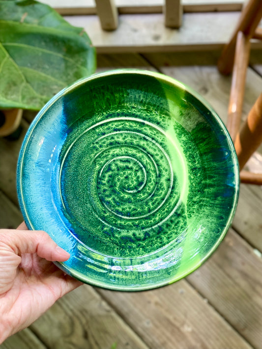 Blue and Green Plate, 7.5” no.45 (discounted slightly due to glaze imperfection on the underside, has been sanded smooth, normally $40)