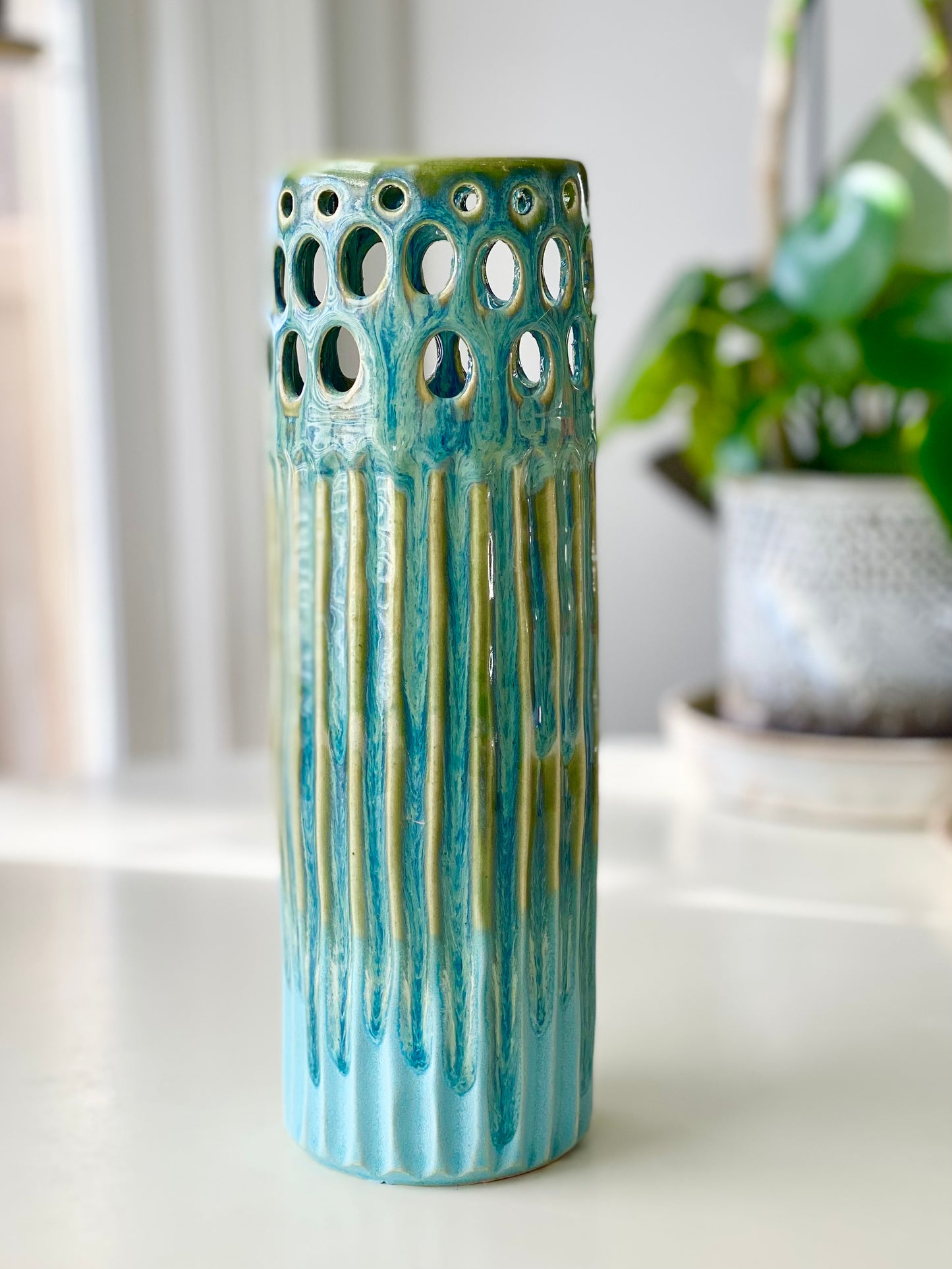 Blue and Green Vase, Pierced and Carved, 3”x10” no.17