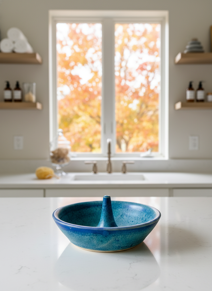 Ring Dish with a speckled ocean-blue glaze and a smooth center ring stem