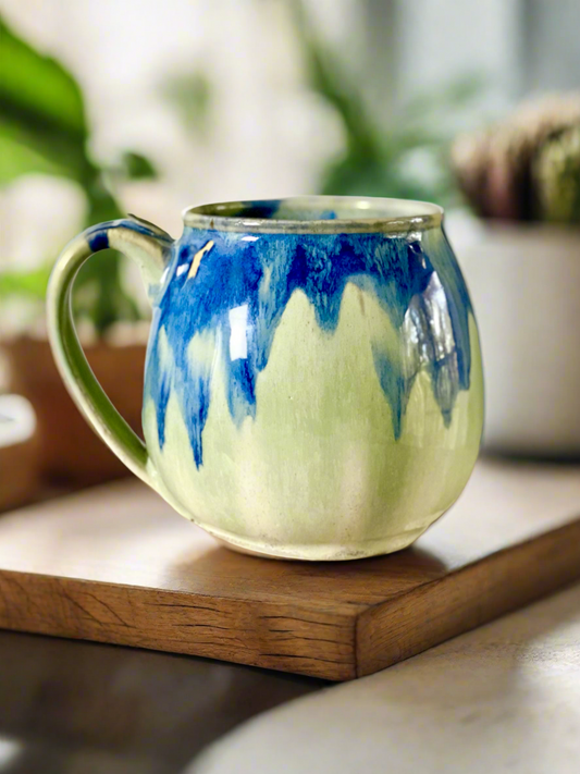 Handcrafted 18oz Round Profile Mug - Blue & Green Watercolor Glaze (reduced price due to glaze drip at bottom of handle, normally $85)