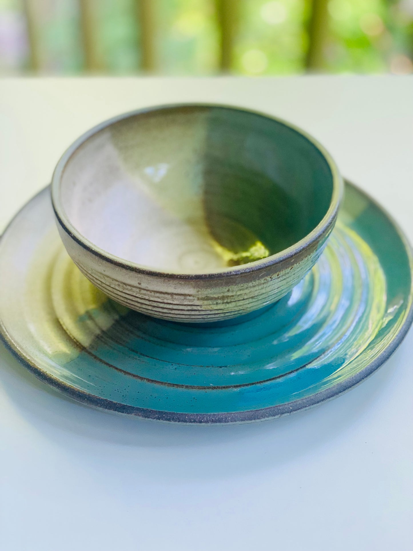 Soup and Sandwich Set in Green and Oatmeal, 3.25”x6.5” Bowl, 10” Plate, no.48