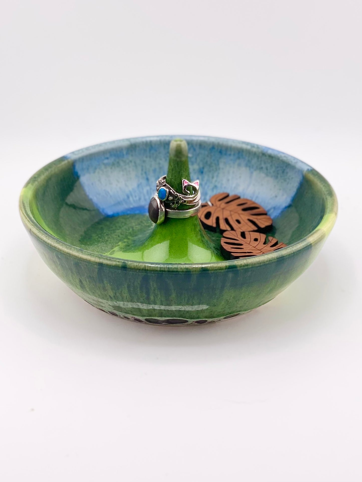 Blue and Green Ring Dish, 2.5”x5” no.26 (discounted slightly due to glaze drips that have been ground smooth, normally $38)