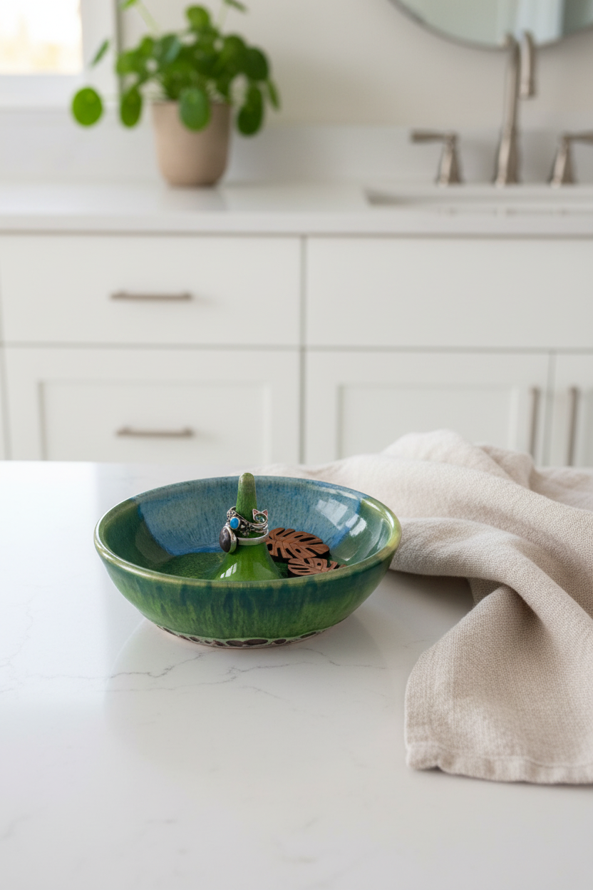Blue and Green Ring Dish, 2.5”x5” no.26 (discounted slightly due to glaze drips that have been ground smooth, normally $38)