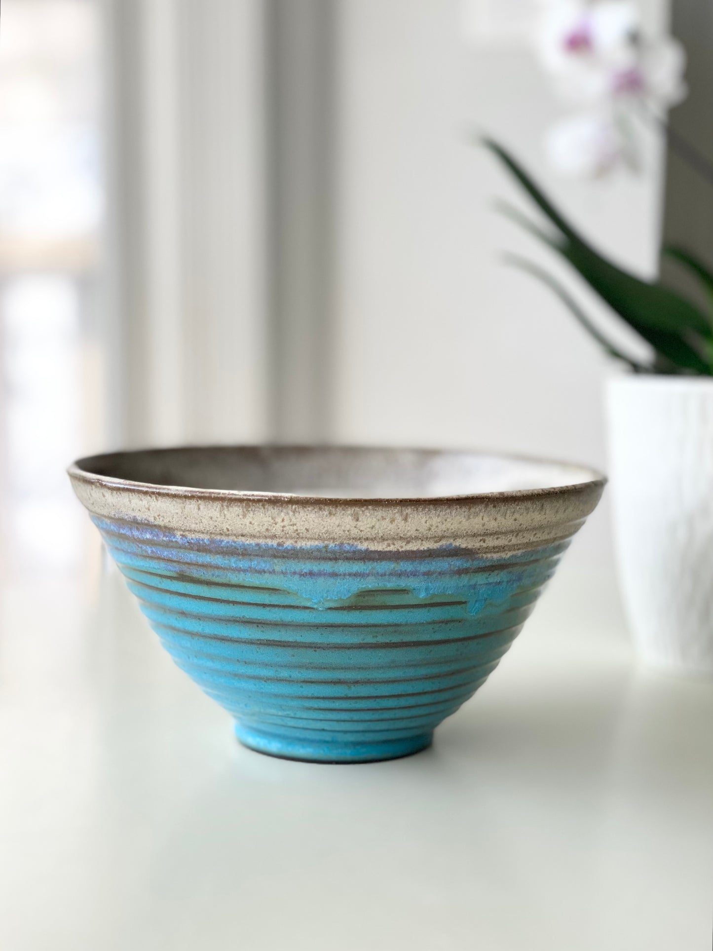 Serving/Mixing Bowl in Blue and Cream, 5”x 8.25”