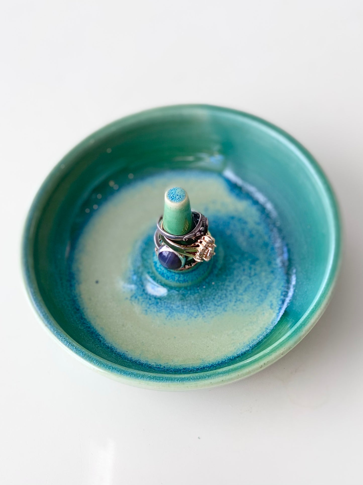 Green Jewelry Dish with Ring Stem, no.48 (Normally $32, discounted for glaze drip that’s been sanded smooth)