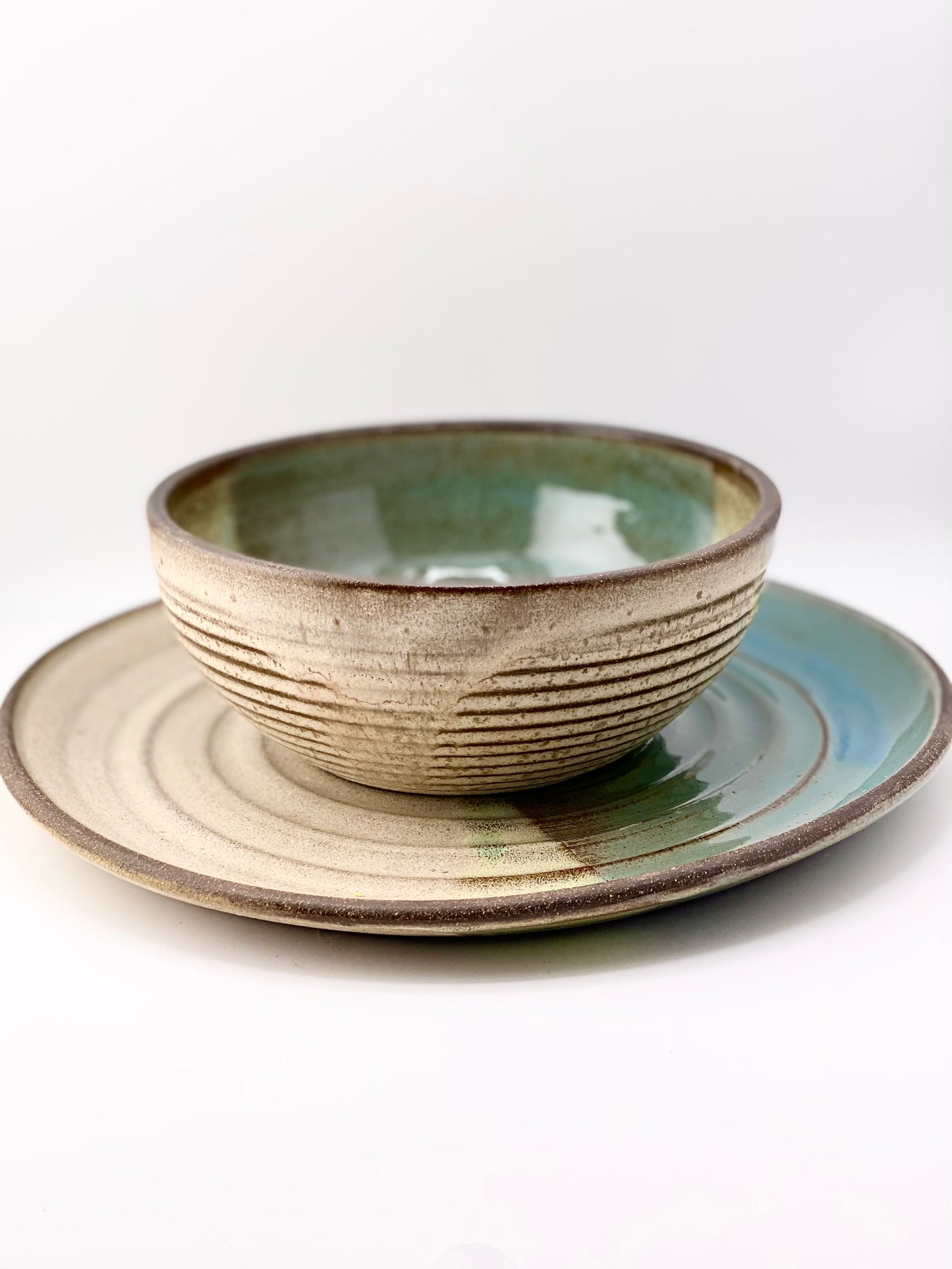 Soup and Sandwich Set in Green and Oatmeal, 3.25”x6.5” Bowl, 10” Plate, no.48