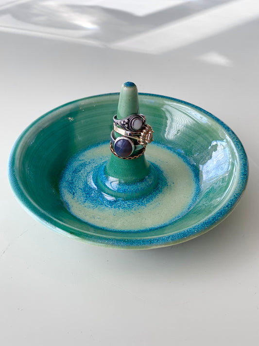 Green Jewelry Dish with Ring Stem, no.48 (Normally $32, discounted for glaze drip that’s been sanded smooth)