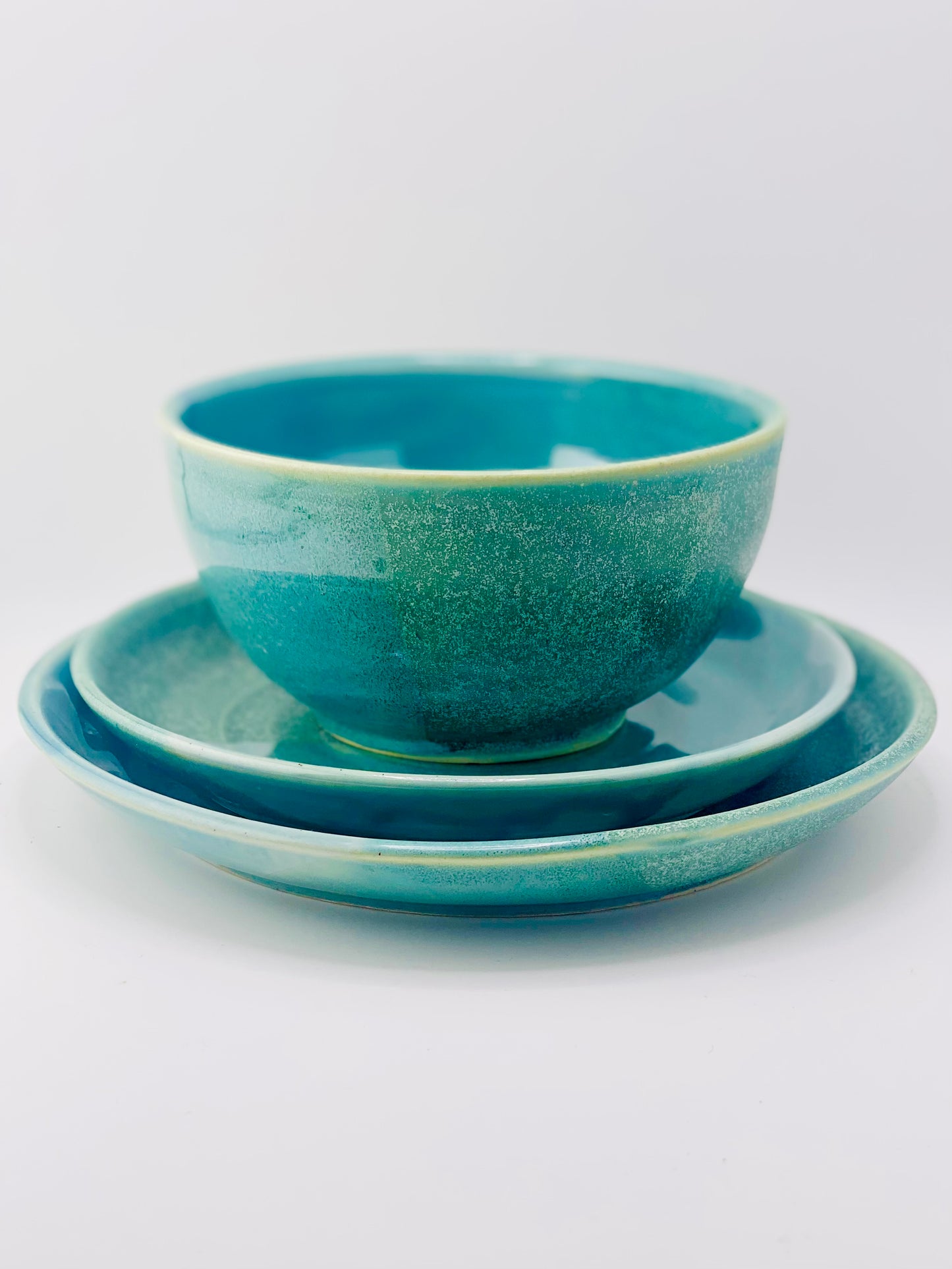 Breakfast, Lunch, and Dinner Set in Green and Blue, 3.5”x5.75” Bowl, 7.25” Plate, 8.5” Plate, no.50